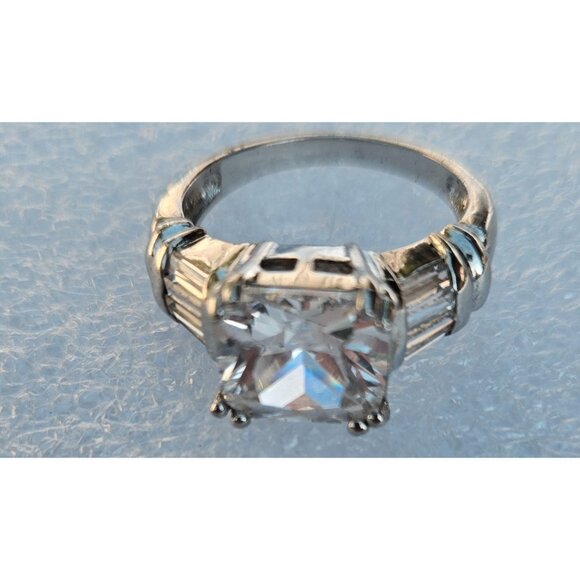 Square-Cut CZ Sterling Silver Ring With Baguette Accents Marked 925 Signed DBJ - Picture 4 of 9